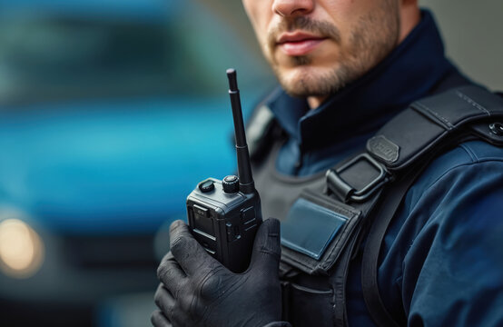 Police officer holds radio transceiver for communication on patrol. Close up of a cop in uniform using a two way radio device for law enforcement work. Security guard talks into talkie.