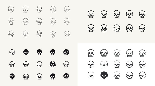 Small skull icon set with minimal line and filled styles featuring simple halloween symbols for logos stickers user interface and modern graphic design
