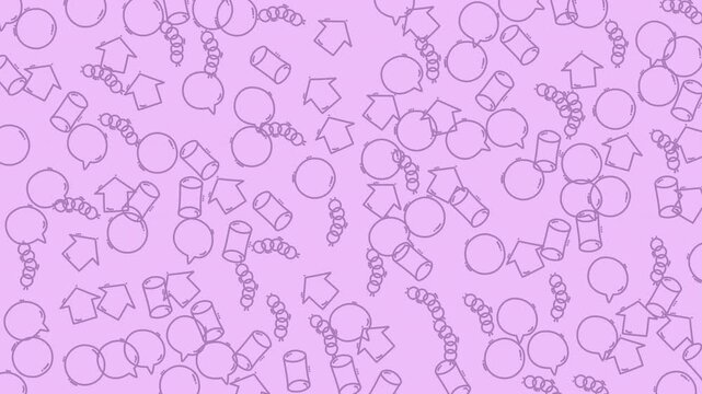 Many shapes in purple  circles, houses, cylinders, and wormlike patterns. Suitable for abstract backgrounds, design projects, and geometric concepts.