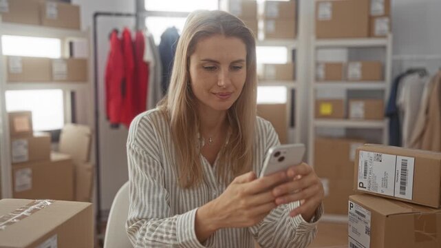 Woman holding smartphone and typing with hands while surrounded by shipping boxes and clothing rack in studio; small business confidence.