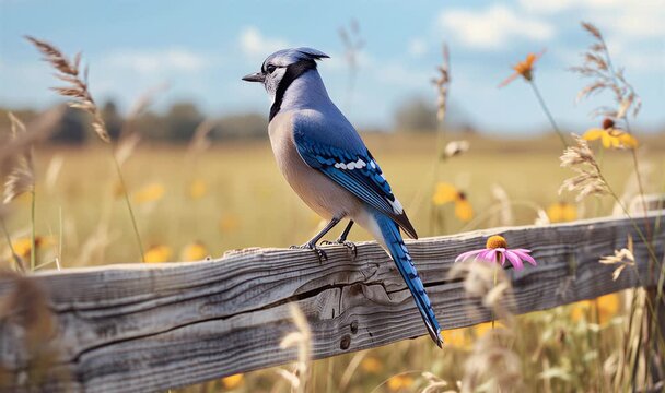 Blue Jay Bird Perched on Wooden Fence in Wildflower Field, Nature Wildlife Video