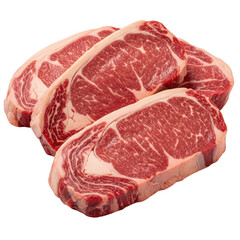 Obraz premium Three thick slices of raw marbled ribeye beef steaks prepared for culinary grilling and cooking