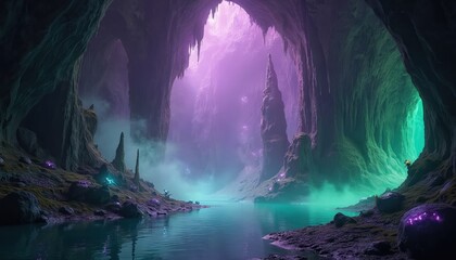Fototapeta premium Mystical cave with purple and green fog and glowing crystals. Water reflects strange light and formations. Explore deep underground fantasy world with mysterious atmosphere and ethereal glow.