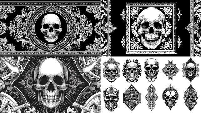 Ornate skull illustration collection with decorative vintage frames floral patterns and gothic emblem elements for tattoo art poster design and dark branding
