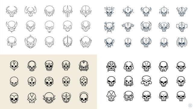 Hand drawn skull icon set with various styles including simple outline detailed shapes and cartoon forms for creative halloween and graphic design use