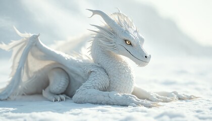 Fototapeta premium Majestic white dragon rests peacefully in a snowy landscape. Its scales and wings are detailed, featuring golden eyes and a serene expression. This mythical creature looks powerful and ancient.