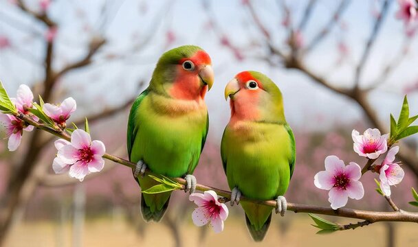 Colorful Lovebirds Sitting on Cherry Blossom Branch, Cute Bird Couple