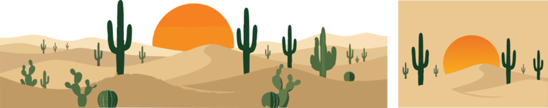 Mexican Desert Landscape Vector Set - Minimalist Cactus Silhouette at Sunset, Saguaro and Sand Dunes Background for Cinco de Mayo and Southwest Decor