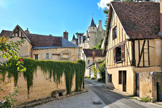 Pretty streets of Montresor in the Loire Valley of France. Picturesque medieval houses, leafy vines and chateau in the background.