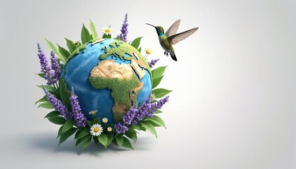 Obraz premium Earth globe with green land and blue water. Surrounded by green leaves lavender flowers and daisies. Hummingbird flies nearby, delicate nature concept, growth and harmony.