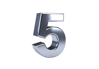Fototapeta premium A polished metallic chrome number five is prominently displayed on transparent background