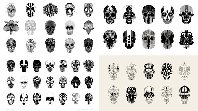 Extensive skull icon set with symmetrical gothic and tribal designs, ideal for tattoo concepts, edgy branding, game assets and monochrome decorative graphics.
