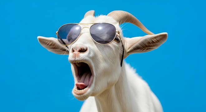 A stylish goat with sunglasses shouting into the clear blue sky