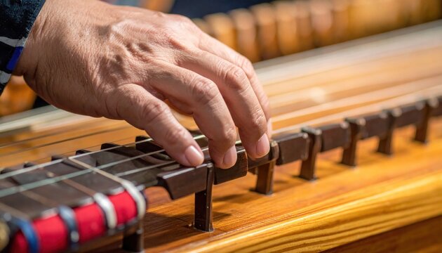 Close-up of a musician playing the gayageum, a traditional Korean instrument.