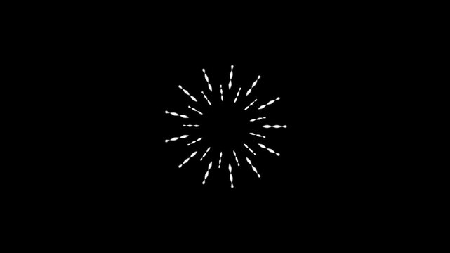 Stylish animated line and circle firework explosion with smooth motion and particle effects on black screen, perfect for editors using chroma key in festive and promotional video content 4K