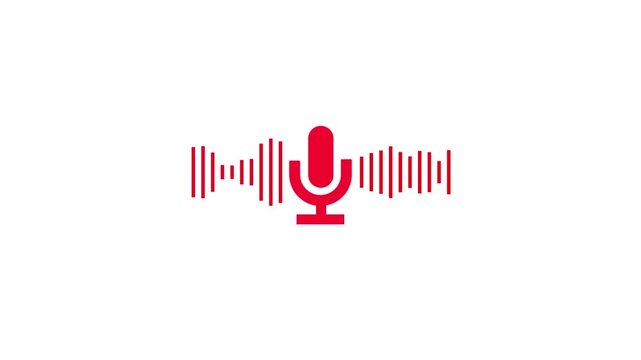 A microphone icon with white animated equalizer. Animation for video podcast, broadcast, radio, intro or opener. Music or sound vizualization with sound wave, frequency in the dark blue background.