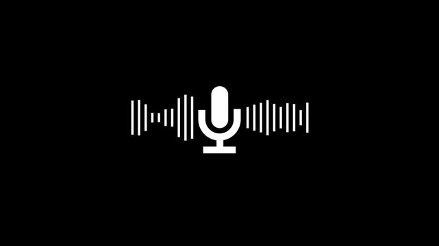 A microphone icon with white animated equalizer. Animation for video podcast, broadcast, radio, intro or opener. Music or sound vizualization with sound wave, frequency in the dark blue background.