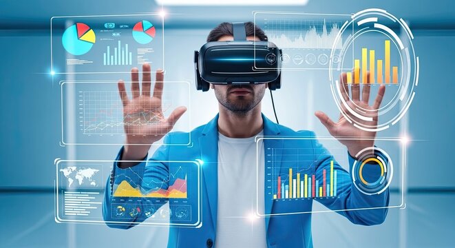 Immersive virtual reality experience a person interacting with digital interfaces