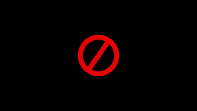 Warning, stop or no entry forbidden circle on black background. Animation of delete, denied, ban or block icon 4k video animation .