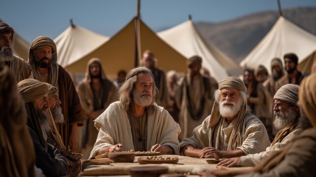 Moses and Aaron counting the tribes of Israel in an ordered wilderness camp, a moment of leadership, structure, and responsibility.