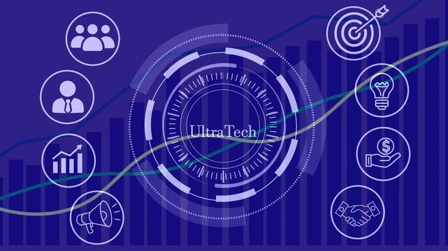 Abstract technology animation with ultratech logo and business icons representing corporate growth and digital innovation