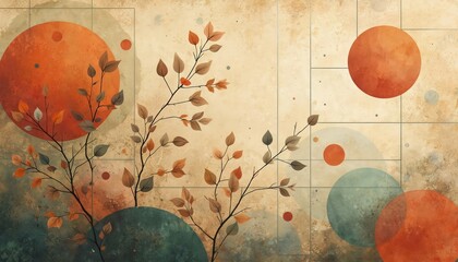 Fototapeta premium Autumnal branches with leaves overlay abstract shapes and grid. Organic elements blend with geometric forms in warm earth tones. Nature inspired graphic art with circles and textured background.