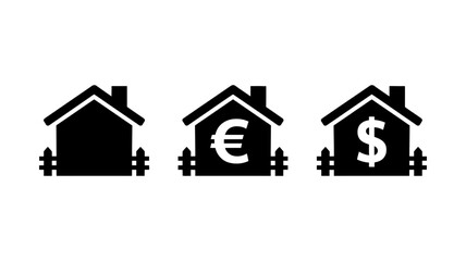Fototapeta premium Real estate investment house icons with currency symbols for financial planning and property mortgage