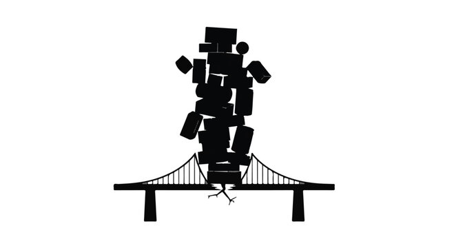 black silhouette boxes falling off suspension bridge