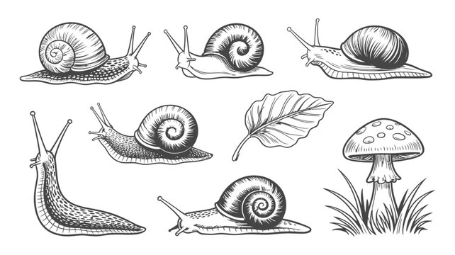 Vintage style hand drawn set of garden snails and mushroom with forest leaf in detailed engraved sketch
