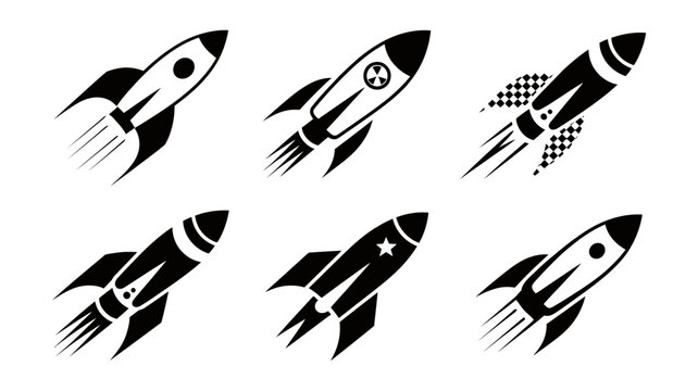 Collection of various black and white rocket ship vector icons for modern science and technology branding