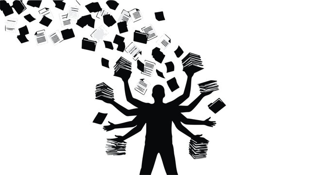 overwhelmed businessman multitasking with paperwork