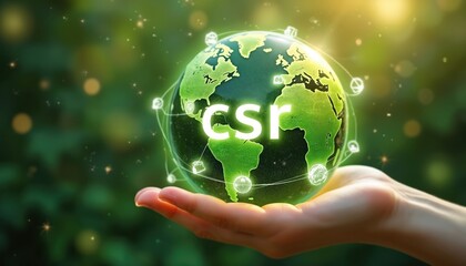Naklejka premium Hand holds glowing green earth with csr icons circling. Focus on corporate social responsibility and sustainable business practices for future global growth.