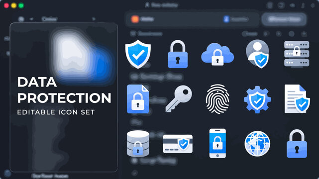 A set of blue and white solid data protection icons enhances a blurred desktop environment.