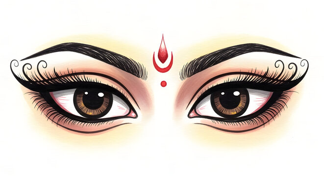 Beautiful Durga eyes illustration with traditional bindi and artistic makeup