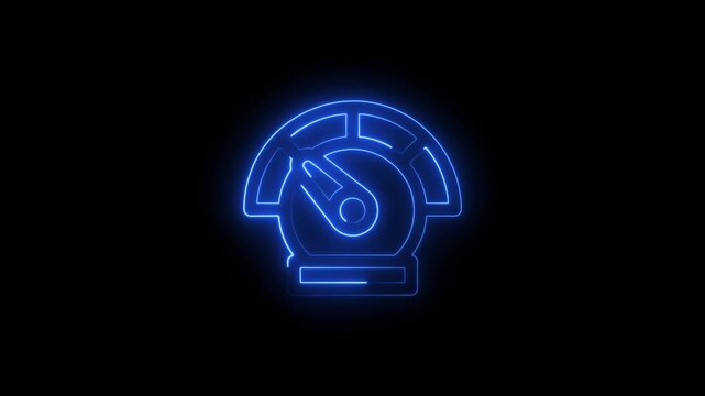 blue neon glowing speedometer gauge icon on dark black background futuristic dashboard dial symbol for speed performance measurement and automotive technology concepts