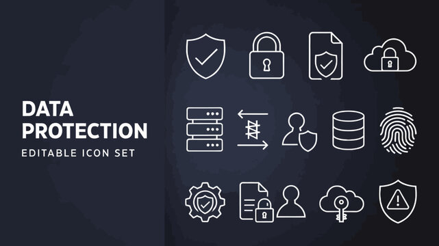 An array of white outline icons for data protection is dynamically presented on a dark blurred background.