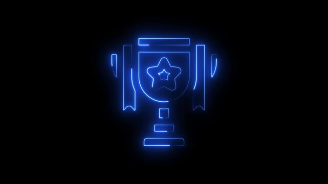 Futuristic glowing blue neon trophy cup icon with a star design celebrating success and achievement in digital esports and gaming competitions, isolated on a dark black background for high-end design.