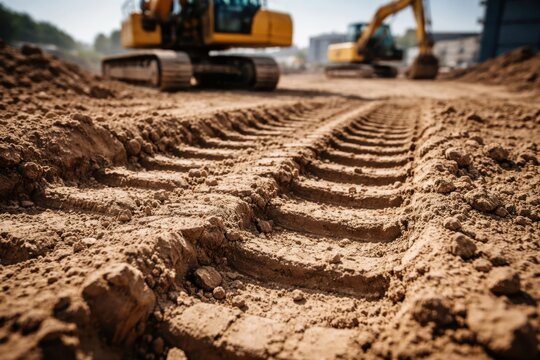 Deep tire tread marks in brown soil at heavy equipment construction site with yellow excavator digger machines working in blurred background