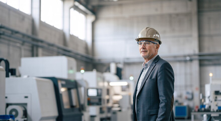 Fototapeta premium Senior factory director with hardhat and safety glasses. Older male executive inspecting industrial manufacturing plant
