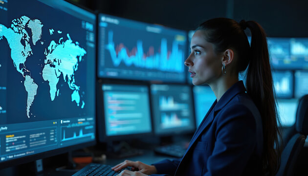 Woman monitors global data streams on multiple computer screens. She analyzes charts, graphs, and world map with digital information. Focuses on digital security or financial analytics.