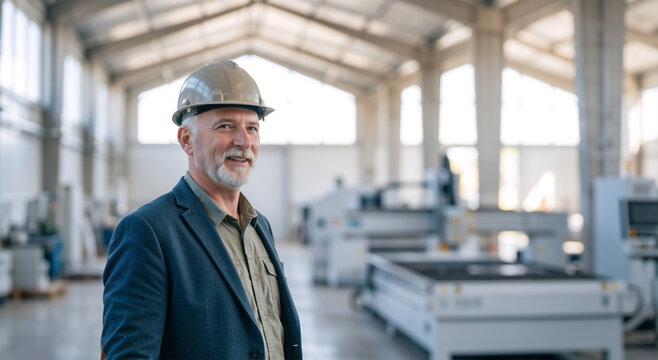 Senior male factory manager dressed in hardhat and suit jacket. Confident older businessman standing on industrial manufacturing floor