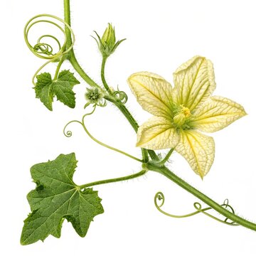 Citrullus Flower &ndash; Yellow citrullus watermelon delicate five-petaled bloom with vine tendrils, isolated on white background.
