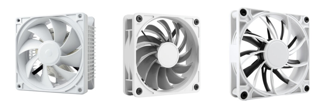 Set of A single 120mm white ARGB PC case fan with visible 3-pin and 4-pin connectors on transparent png background. Ai generated