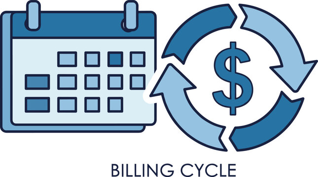 Billing cycle graphic with calendar and currency dollar sign loop arrows for subscription payment schedule vector design.