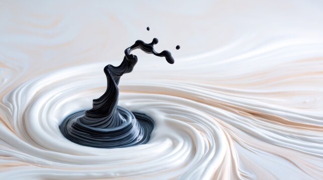 High speed macro photography of a single drop of black ink exploding in a bowl of milk. Silk like white swirls, fluid motion, high contrast