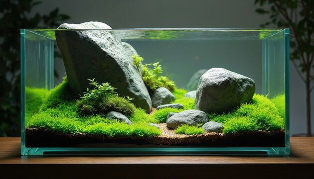 Glass aquarium with rocks and lush green moss carpet. Minimalist aquascape design features stones and aquatic plants. Peaceful underwater nature scene.