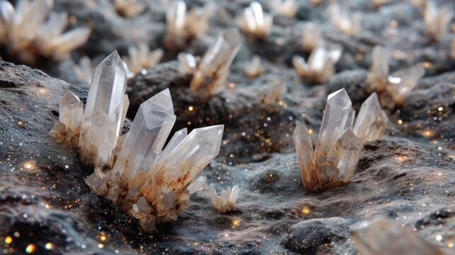Quartz crystals floating in asteroid field, rocky textures, cosmic dust, distant stars, deep space, sharp detail, luxury, geological