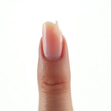 Broken acrylic nail on a finger with natural skin tone  