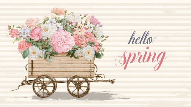 Vintage wooden cart filled with delicate pastel flowers. Watercolor spring illustration with hello spring text. Elegant floral greeting card in shabby chic style.