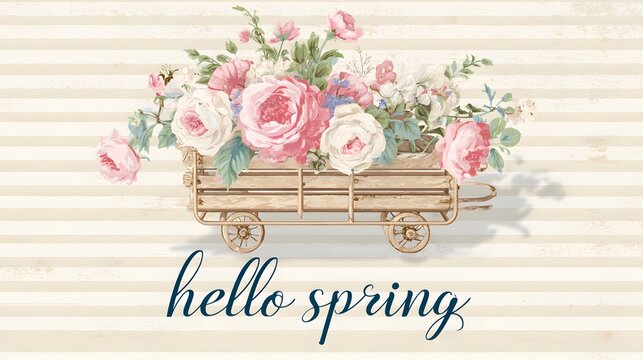 Vintage wooden cart filled with delicate pastel flowers. Watercolor spring illustration with hello spring text. Elegant floral greeting card in shabby chic style.